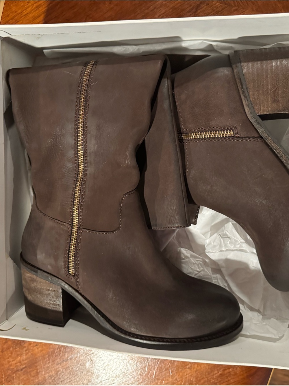 Steve Madden Brown Leather Mid-Calf Zip Block Heel Boots